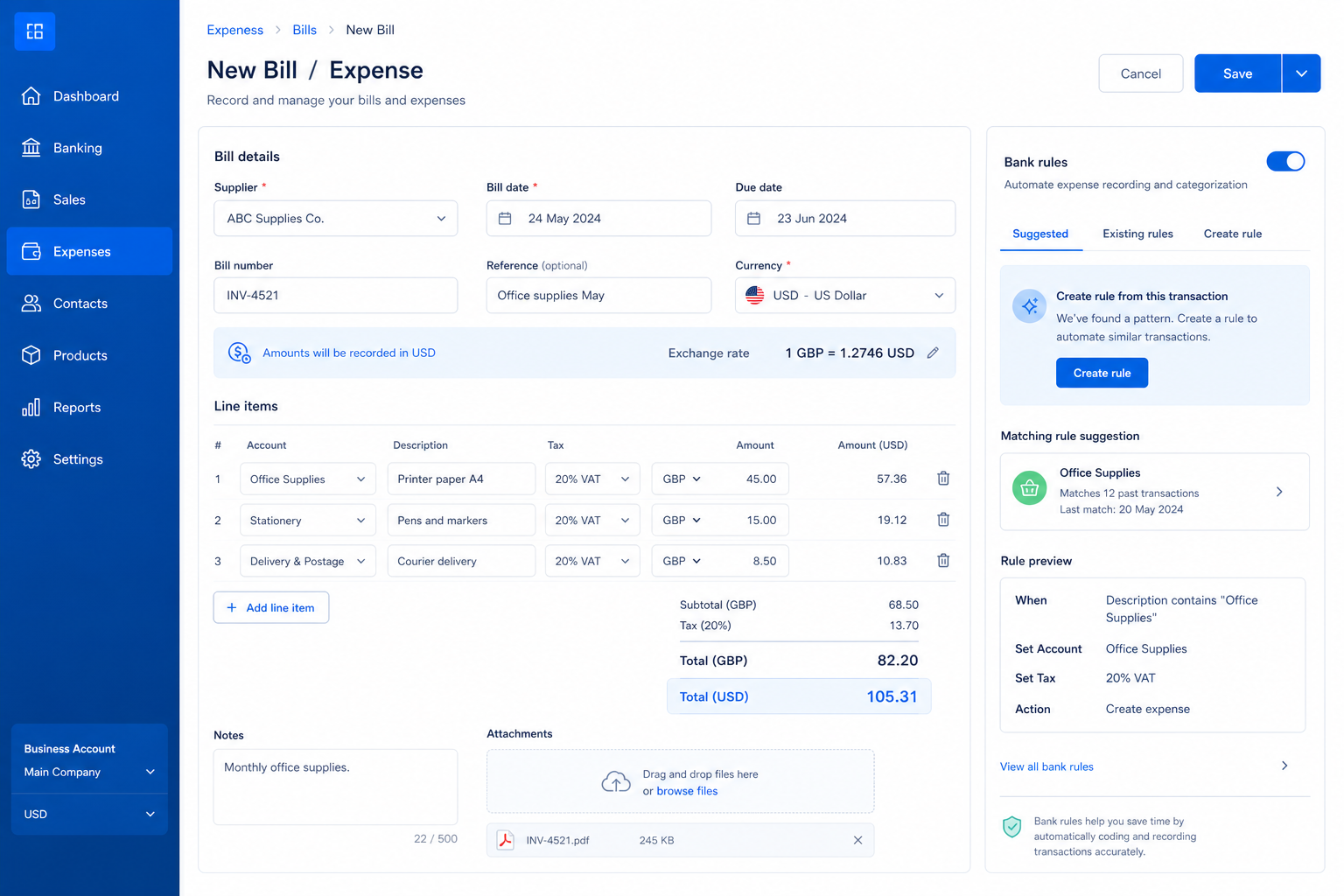 Xero expense recording and bank rules screen