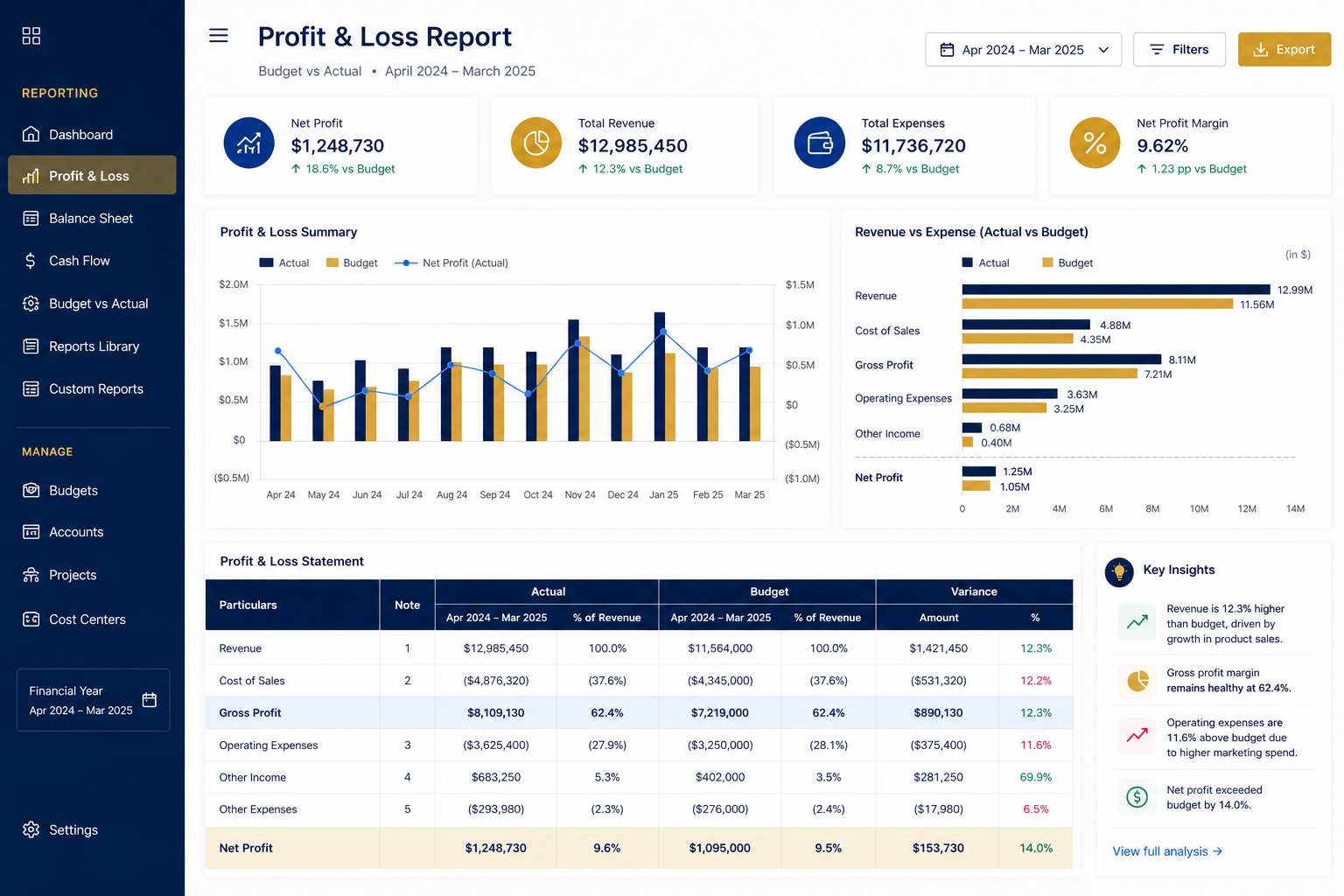 Xero financial reports and budget comparison